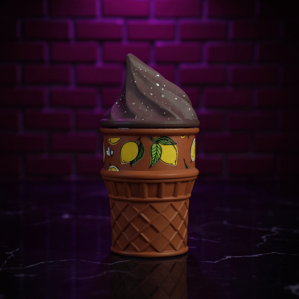 PlayCone Ice Cream herb grinder. chocolate herb grinder with swirl top and lemon fruit design.