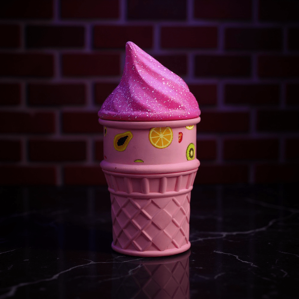 PlayCone Ice Cream herb grinder. Ice cream pink herb grinder with fruity print and glittery swirl top.