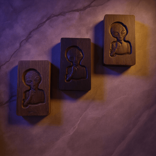 Alien Wooden Tobacco Box – Hand - Carved Secret Herb KeeperSet of three engraved wooden alien boxes in medium wood tones