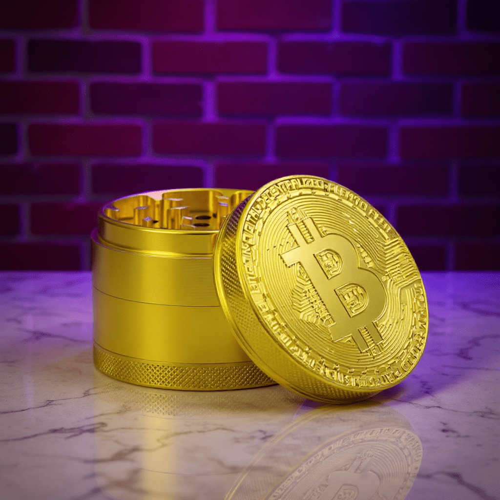 Bitcoin Herb Grinder – Gold Aluminum 4 - Piece Grinder - Gold grinder with Bitcoin design on a reflective surface