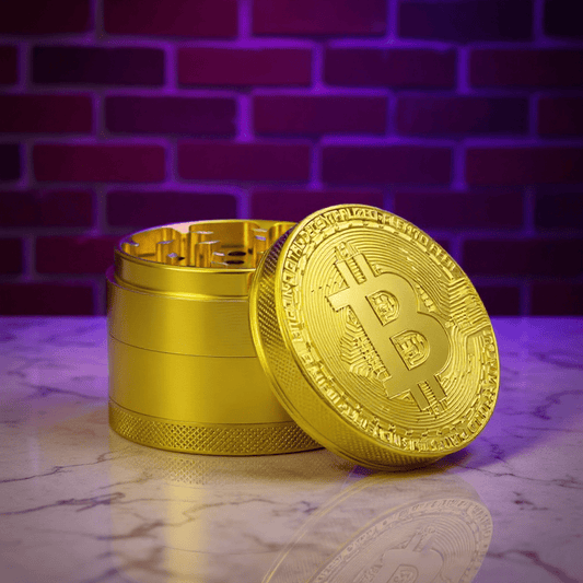 Bitcoin Herb Grinder – Gold Aluminum 4 - Piece Grinder - Gold grinder with Bitcoin design on a reflective surface