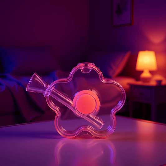 Bloom Puff Glass Water PipeSingle flower - shaped clear glass pipe glowing softly on a bed surface with lamp background