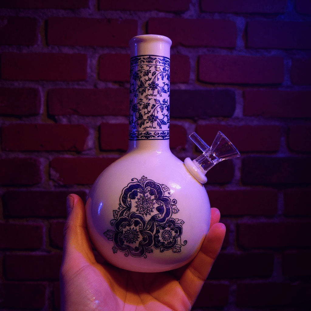 Blue Blossom Ceramic Bong – Vintage BongWhite ceramic bong with blue floral patterns held against a brick wall.