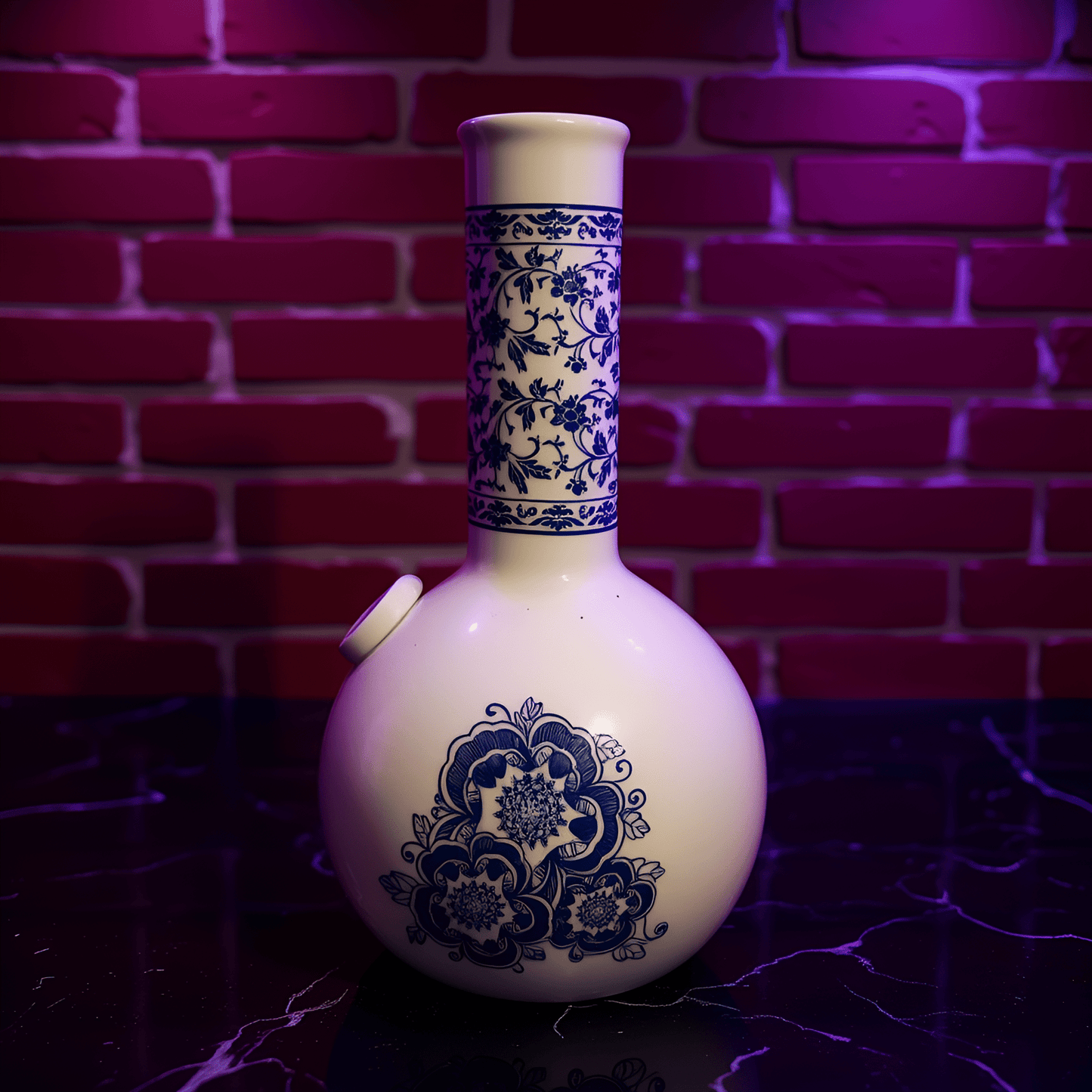 Blue Blossom Ceramic Bong – Vintage BongWhite ceramic bong for smoke with blue floral patterns against a brick wall.