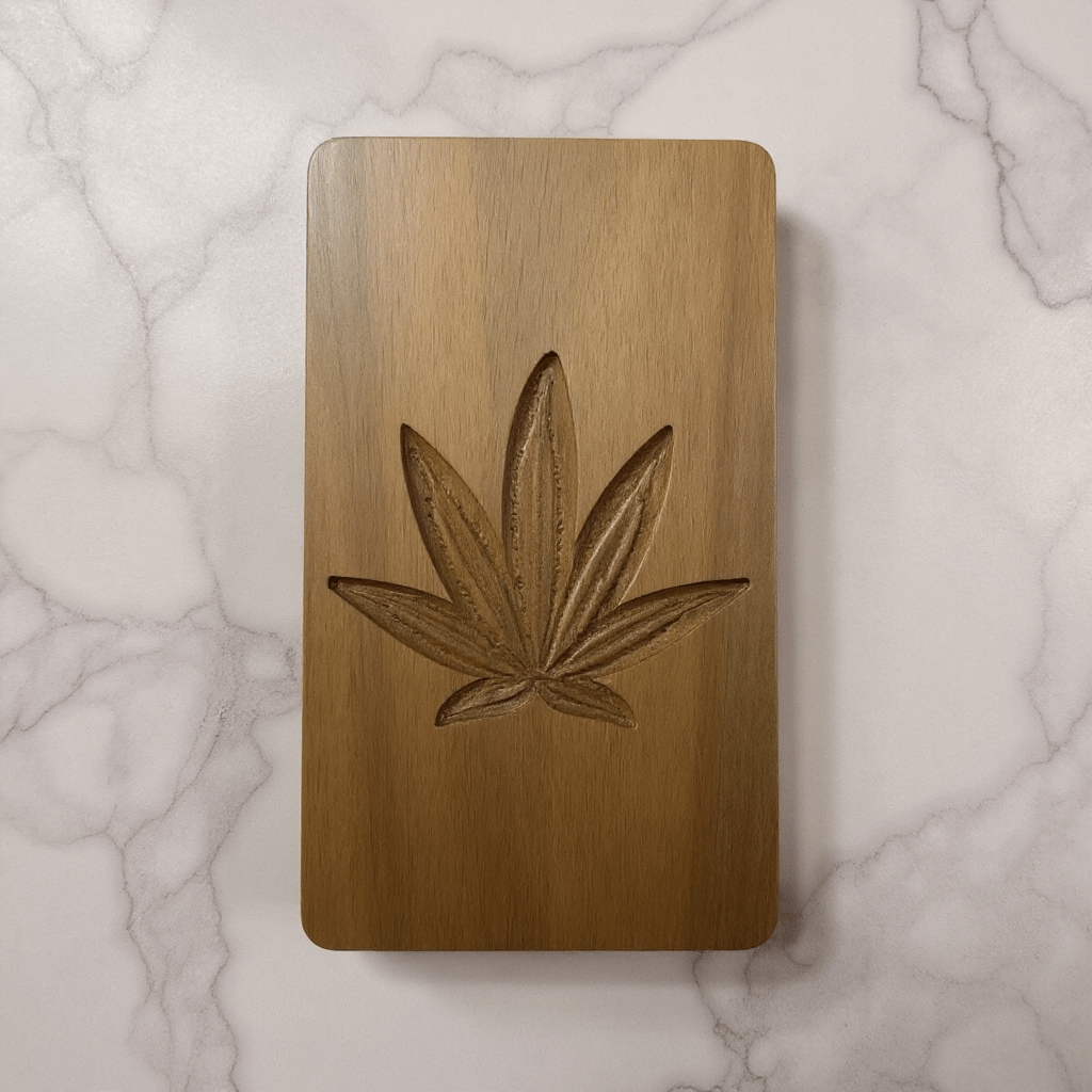 Cannabis Leaf Wooden Tobacco Box – Hand - Carved Herb Stash CaseLight wood box featuring cannabis leaf engraving