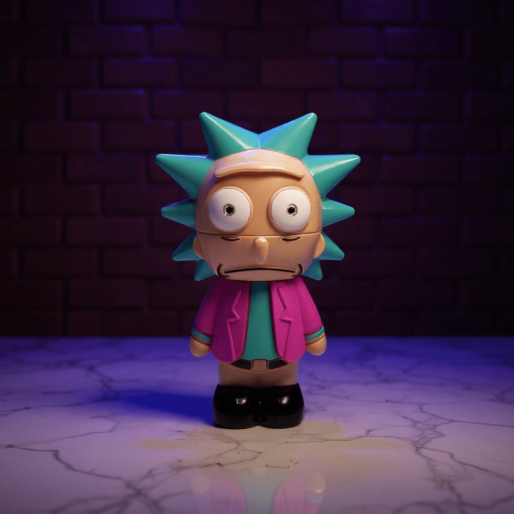 Cartoon Rick Herb GrinderRick tobacco grinder with teal spiky hair and pink jacket against a dark brick wall.