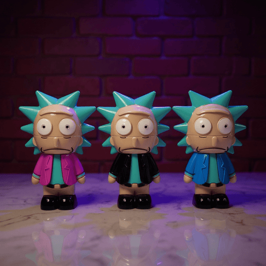Cartoon Rick Herb GrinderThree rick and Morty herb grinder with different colored outfits against a brick wall background.