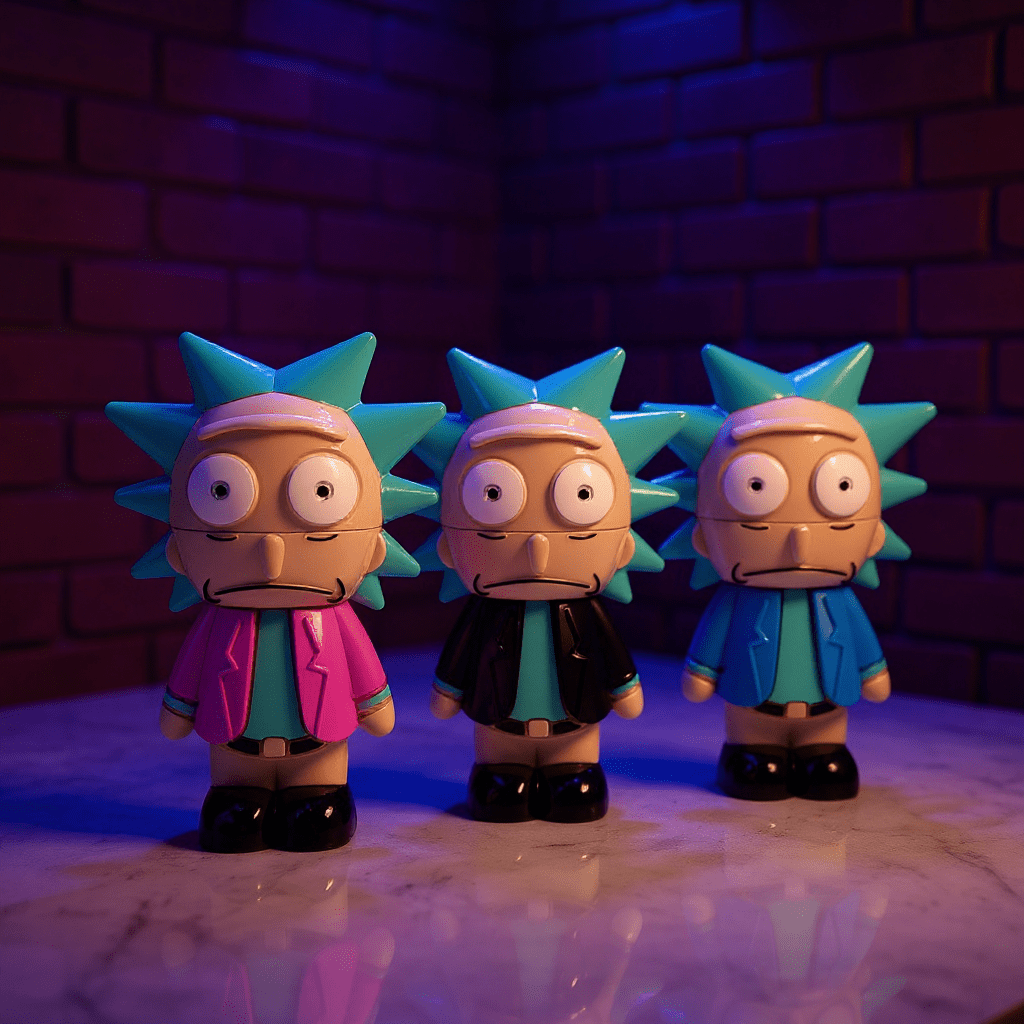 Cartoon Rick Herb Grinder - Three rick and morty herb grinders with unique outfits against a brick wall background