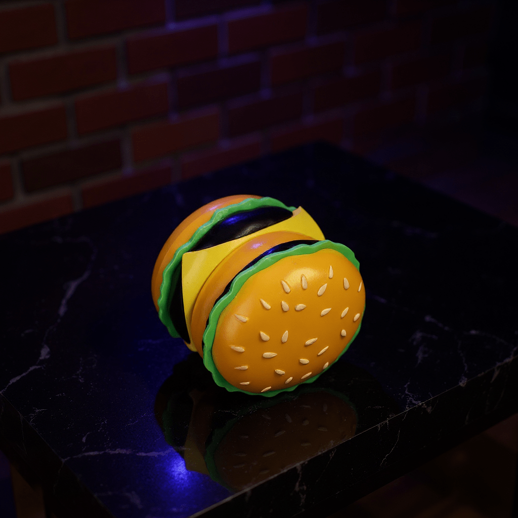 Cheese Burger Herb Grinder - 4 Layer Burger Shape Crusher. Cheeseburger shape grinder on a reflective surface