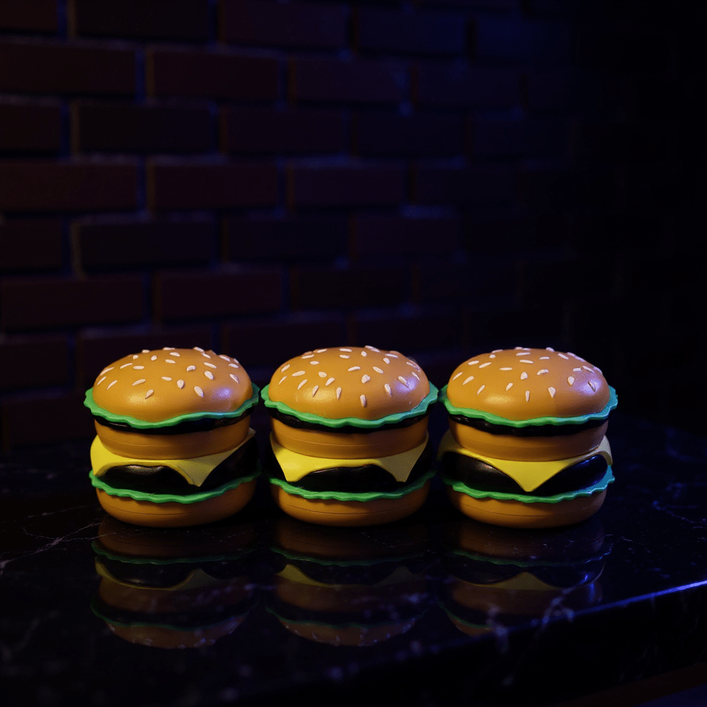 Cheese Burger Herb Grinder - 4 Layer Burger Shape Crusher. Cheese Burger Herb Grinder - three burger grinders lined up