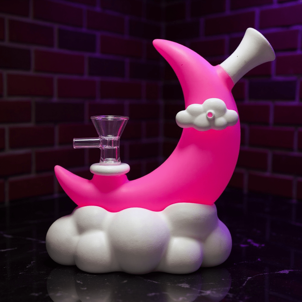 ☁️ CloudBreaker Water PipePink moon - shaped silicone bong with cloud design against a brick wall background