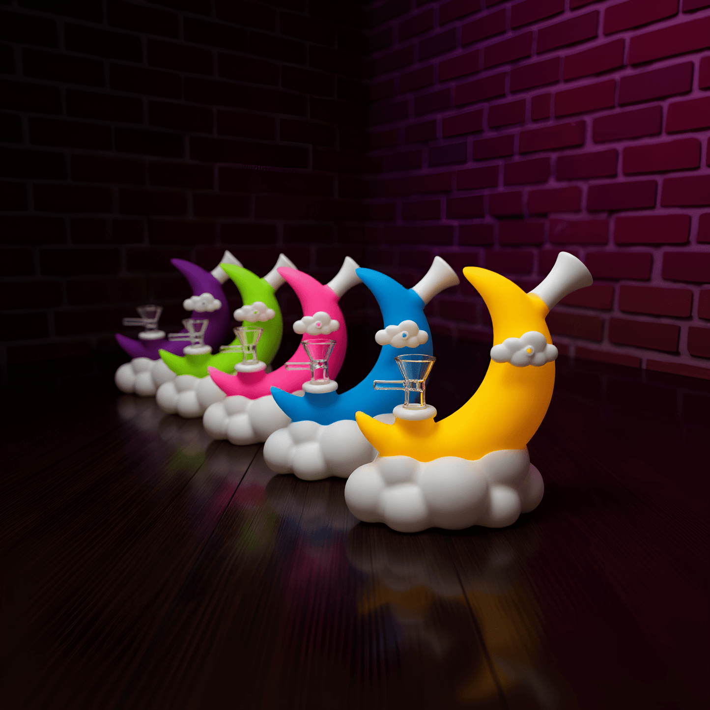☁️ CloudBreaker Water Pipe | Bongs - shaped bongs set in yellow, pink, blue, and green with white cloud base and smoke glass