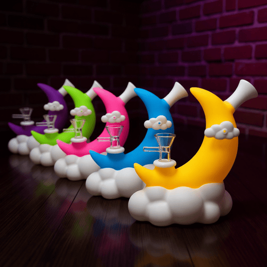 ☁️ CloudBreaker Water PipeColorful moon - shaped night silicone bong with cloud designs on a dark surface.