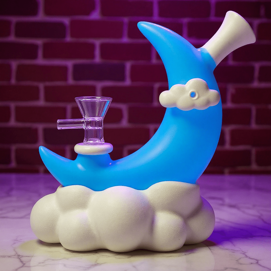 ☁️ CloudBreaker Water PipeBlue moon - shaped silicone bong with a white cloud on a purple brick wall background