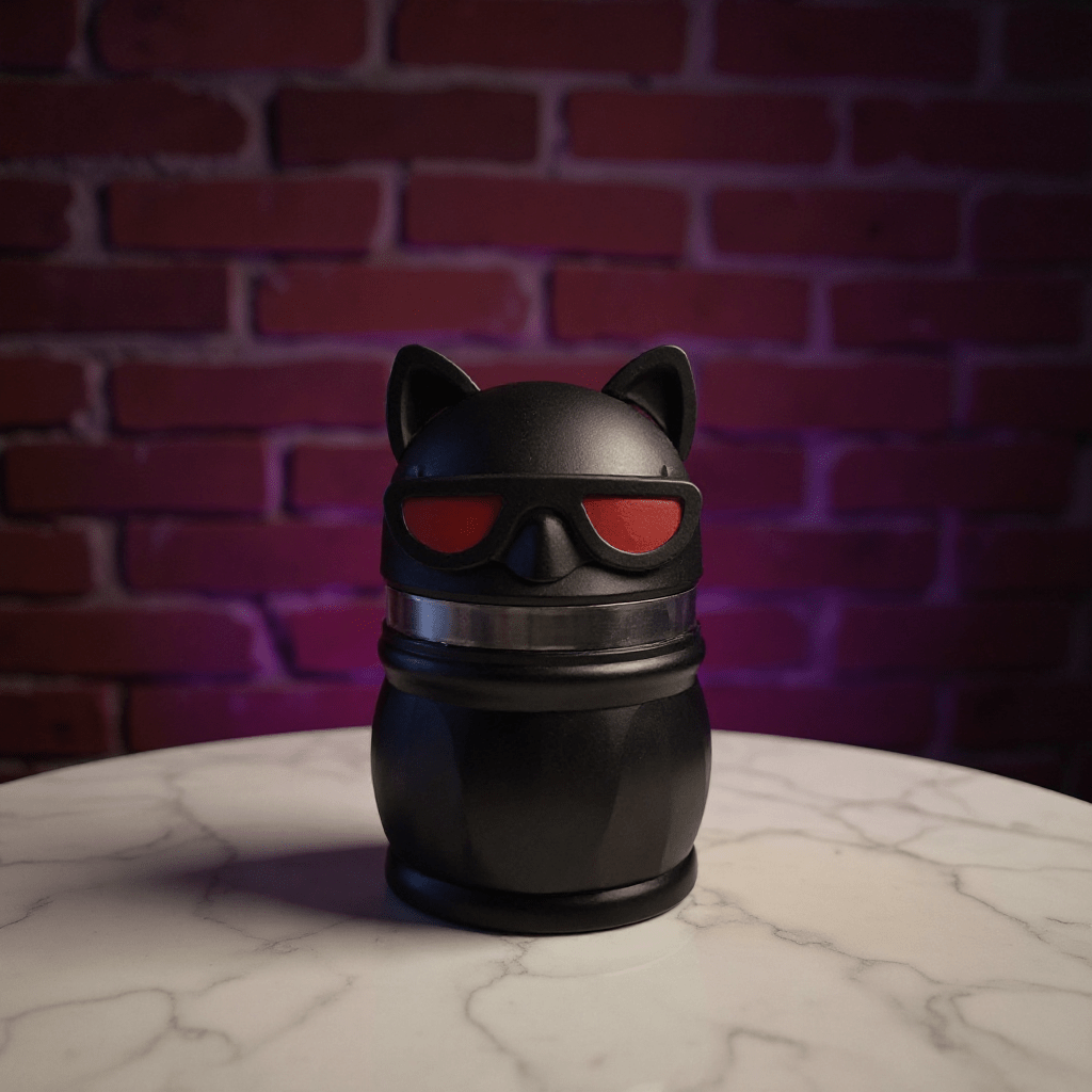 Cool Cat Herb Grinder – 4 - Layer Herb & Spice CrusherCool Cat Grinder – 4 - Layer Herb & Spice CrusherBlack cat - shaped herb grinder with red shades stealth
