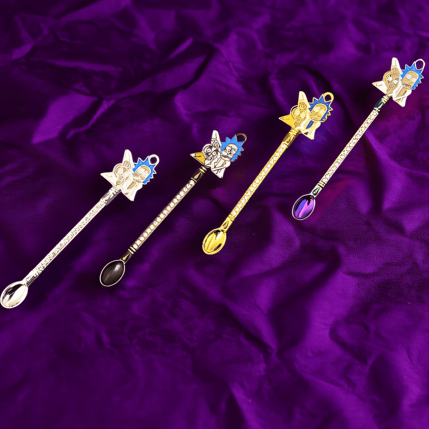 Cosmic Duo Mini Spoon Set with gemstone scoops and enamel star - head characters – 90mm spoons for herbs, spices, and tobacco