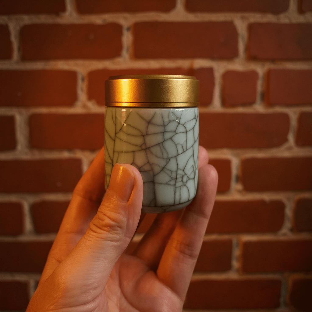 Crackled Blue - Green Celadon Porcelain Stash JarHand holding a small blue celadon porcelain stash container with a gold lid