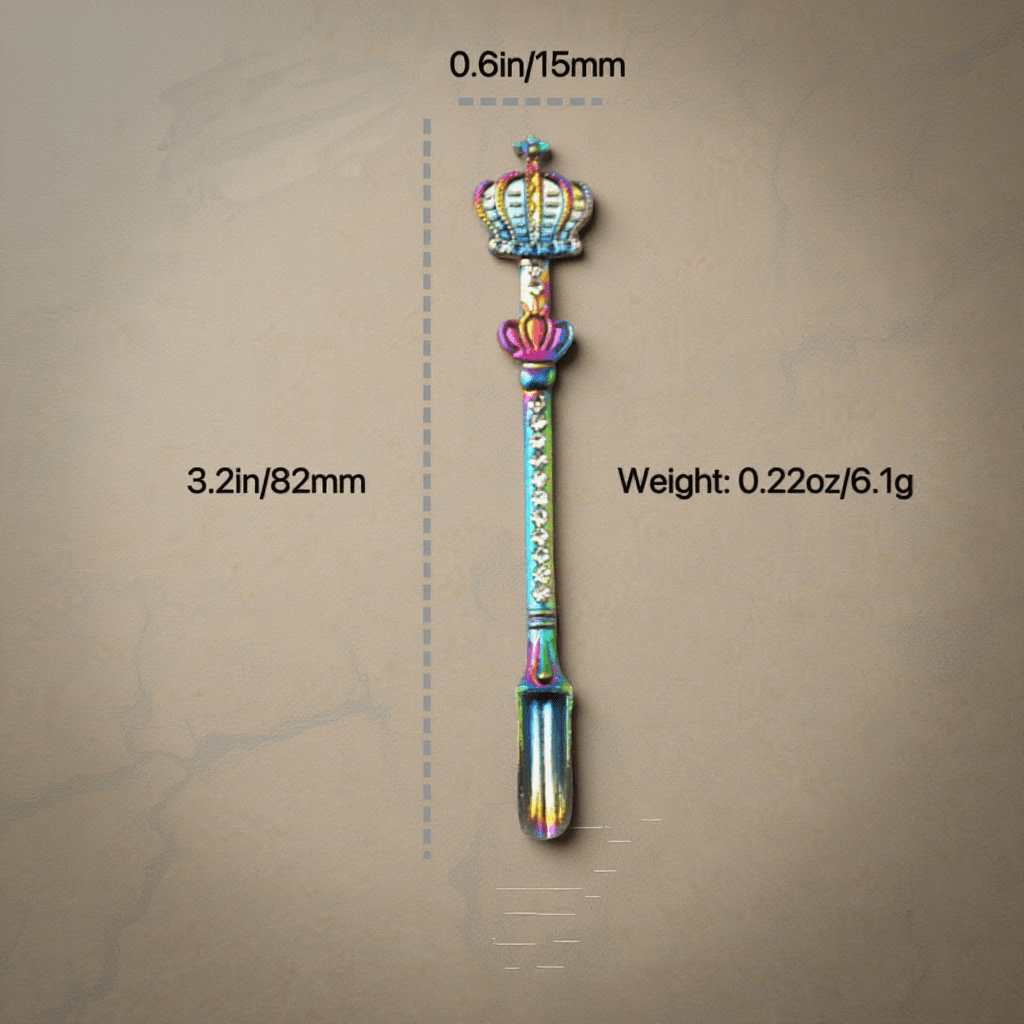 Crown Snuff Spoon with Rhinestones – Colorful decorative object with measurements on a beige background