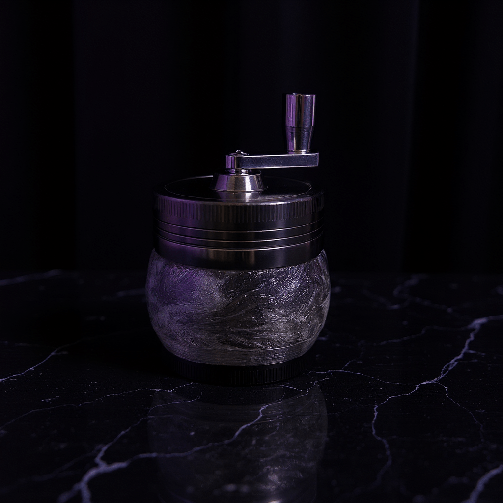 Crystal Hand Crank Herb Grinder - Elegant glass - textured grinder with metallic lid glowing under soft purple light.