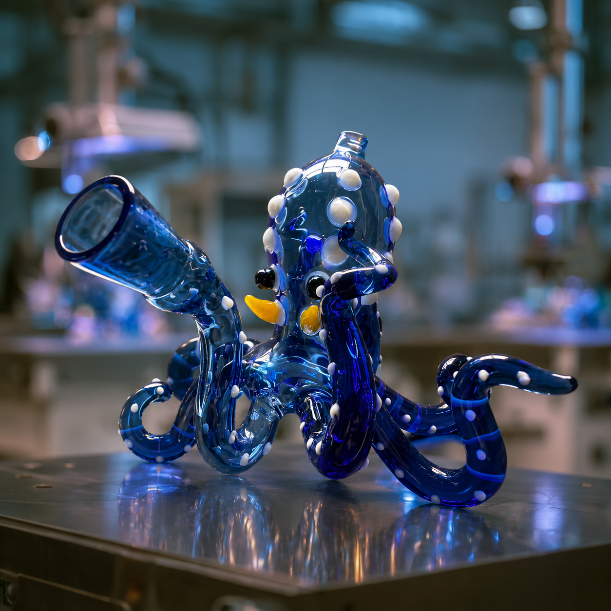A blue glass octopus-shaped water pipe with white polka dots, yellow mouth details, and a clear glass mouthpiece, displayed on a reflective metal surface in a blurred laboratory setting.