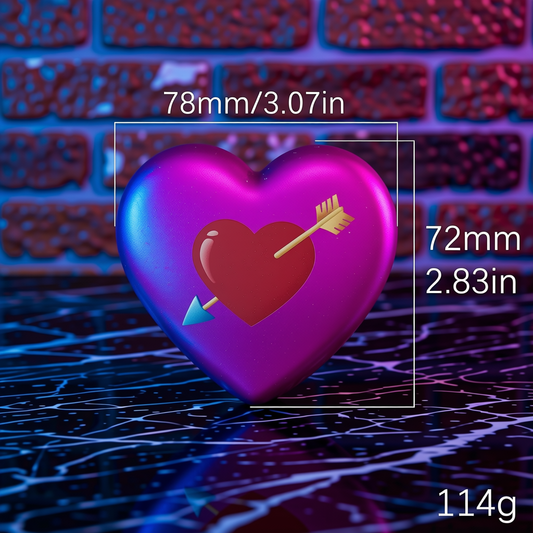 Cute Heart Shaped Herb Grinder – Cupid's Arrow Novelty Spice CrusherHeart - shaped grinder with an arrow through it on a reflective surface with measurement text overlay.