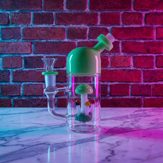 Cute Mushroom Percolator Bong – Mini Fairycore Glass BubblerGlass smoking bong with colorful components on a marble surface against a brick wall.