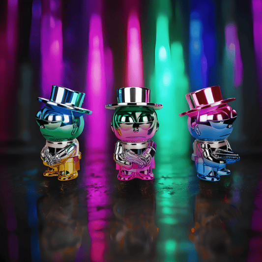 Cyber Punk Gangster GrinderChrome mob boss herb grinder with top hat and sunglasses, standing confidently on a neon