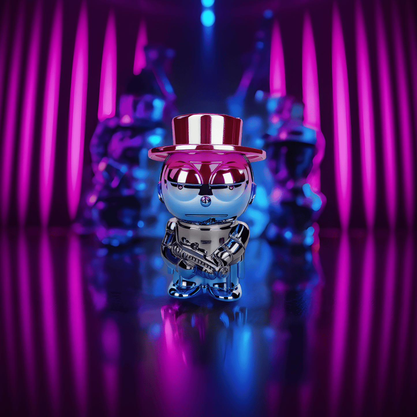 Cyber Punk Gangster GrinderBlue and red chrome herb grinder shaped like a gangster with a top hat and cross - armed pose.