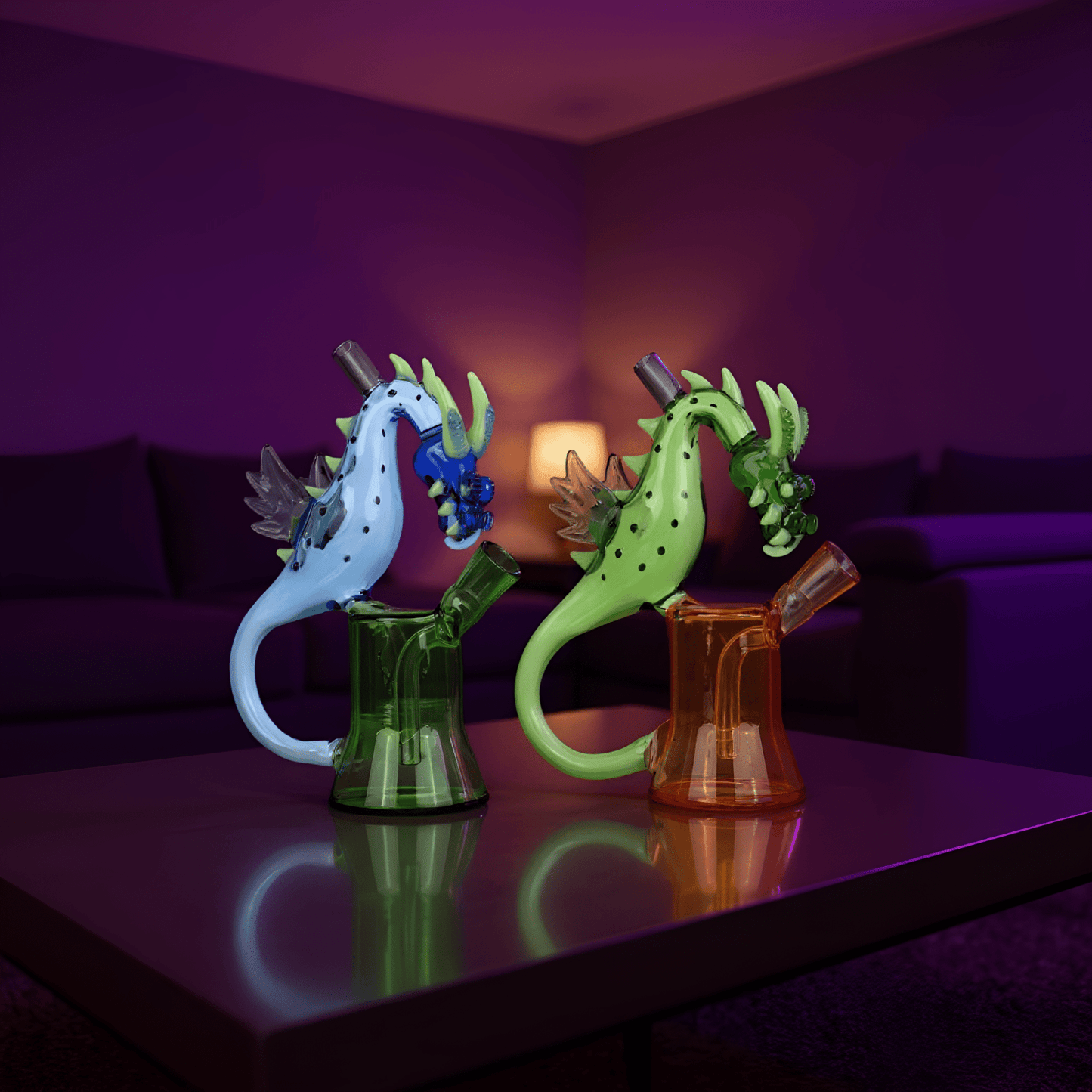 Dragon Rider BongTwo dragon -shaped glass bong, one green and one orange, side by side on display under soft ambient lighting