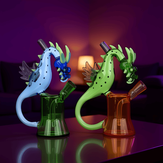 Dragon Rider BongClose - up of two vibrant dragon head dab rigs in green and blue bongs with translucent bases