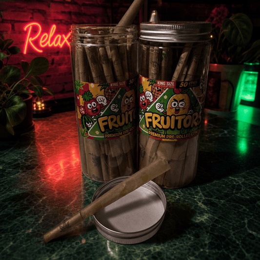 FruitBurst King Size Fruit Flavored Pre - Rolled Cones – 50 PackTwo containers of Fruitos pre - rolled joints on a table with a neon 'Relax' sign in the background.