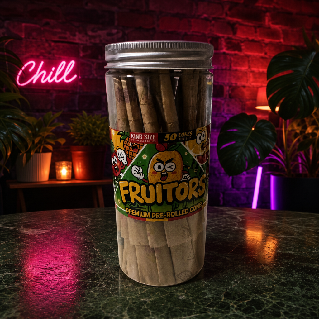 Tub of Fruitors pre-rolled cones on a dark surface with a neon 'Chill' sign in the background.