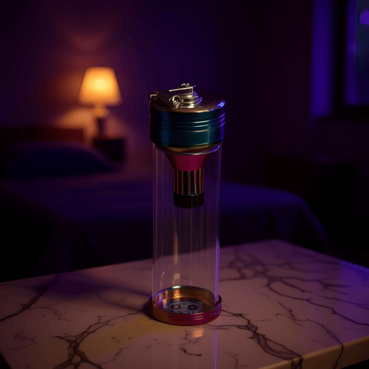 GlassCore Herb Grinder - Top - down view of crank herb grinder with clear chamber and rainbow metal parts