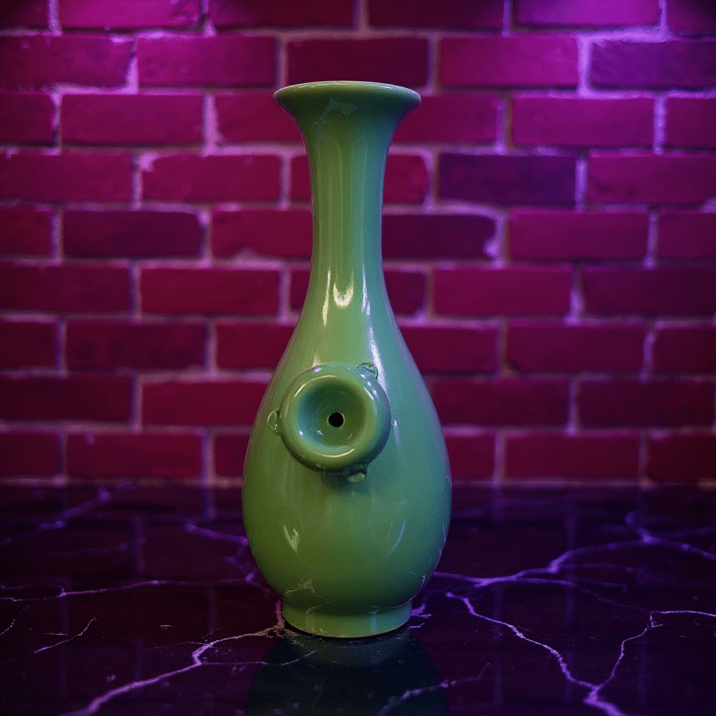 Glossy Green Celadon Bong with Flared TopGreen ceramic pipe with glass bowl against a brick wall background