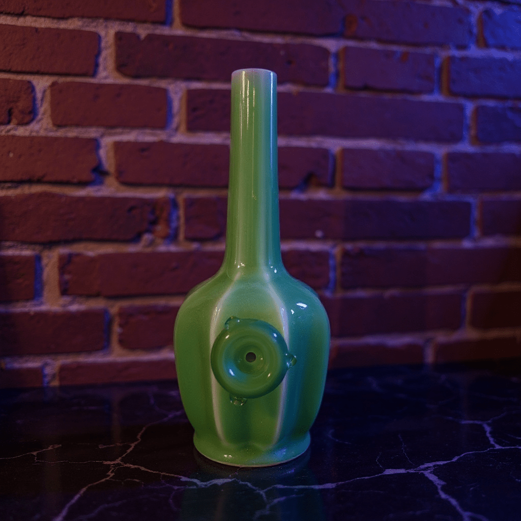 Glossy Green Flat - Sided Celadon Porcelain BongGreen ceramic smoking pipe on a dark surface with a brick wall background