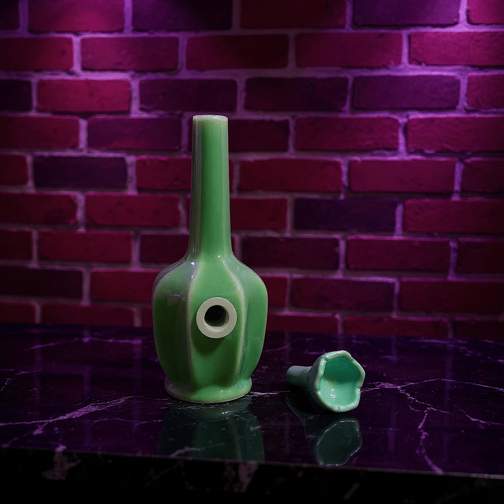 Glossy Green Flat - Sided Celadon Porcelain BongGlossy Green Flat - Sided Celadon Porcelain Bong and ceramic bowl are placed on a marble surface.