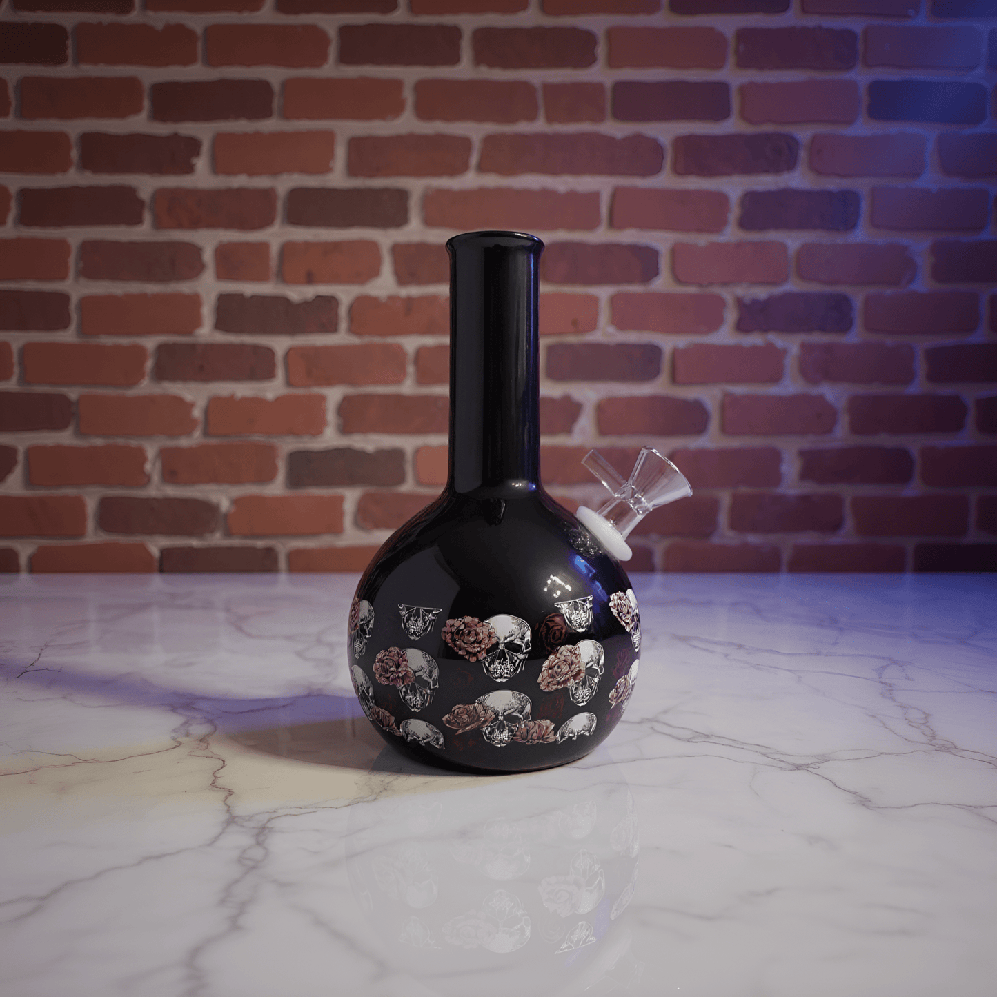 Gothic Skull Rose Ceramic Bong – Decorative ceramic bong with gothic skulls with floral patterns on a marble surface