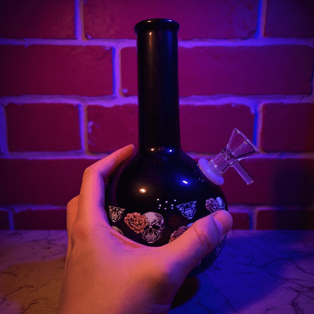 Gothic Skull Rose Ceramic Bong – Black ceramic pink bong with decorative elements held
