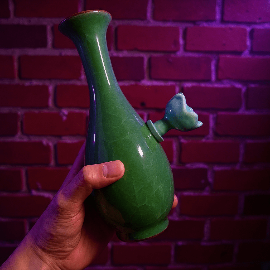 Green Ice - Crack Celadon Porcelain Bong with Flared TopGreen ceramic bong with ceramic bowl held by hand against a brick wall