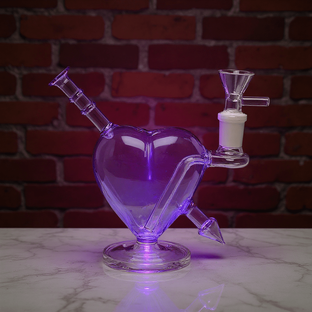 Heartpiercer glass bong - Purple VersionGlass heart - shaped water pipe with a white valve on a marble surface against a brick wall.