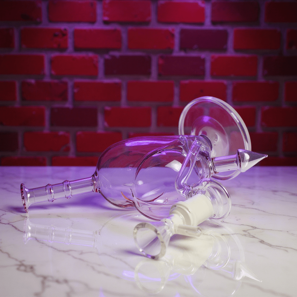Heartpiercer glass bong - Purple VersionGlass smoking heart shape bong on a marble surface with a brick wall background