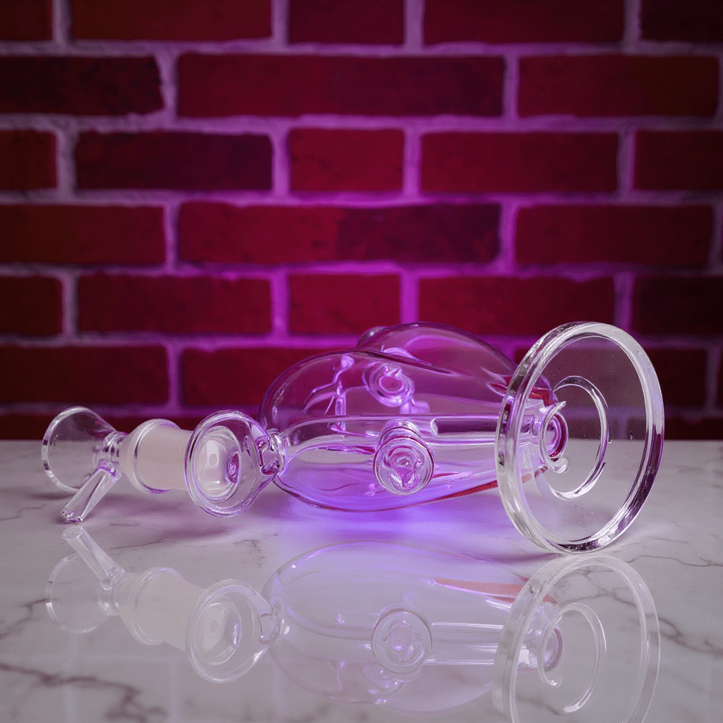 Heartpiercer glass bong - Purple VersionGlass smoking accessory on a marble surface with a brick wall background