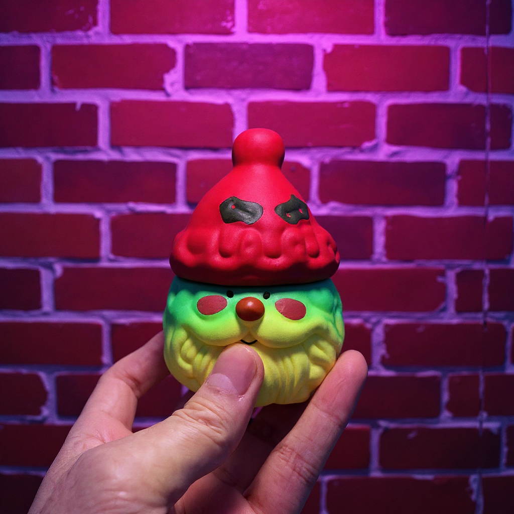Hand holding a colorful herb grinder against a brick wall background