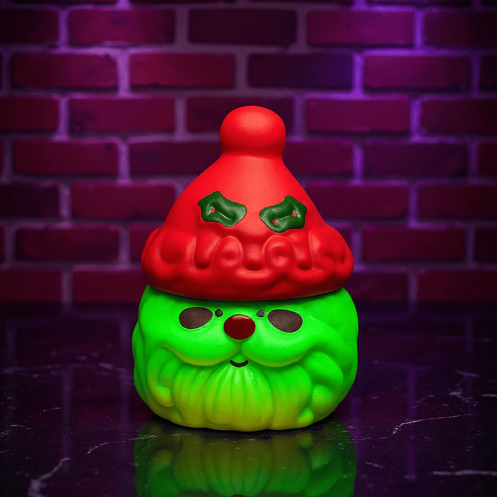 Herb Grinder – Holiday Edition, Green herb grinder with a red hat against a brick wall background