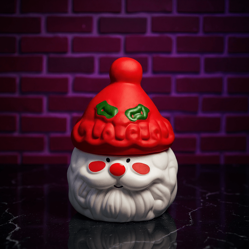 Herb Grinder – Holiday Edition, White Santa Claus herb grinder with a red hat on a dark surface