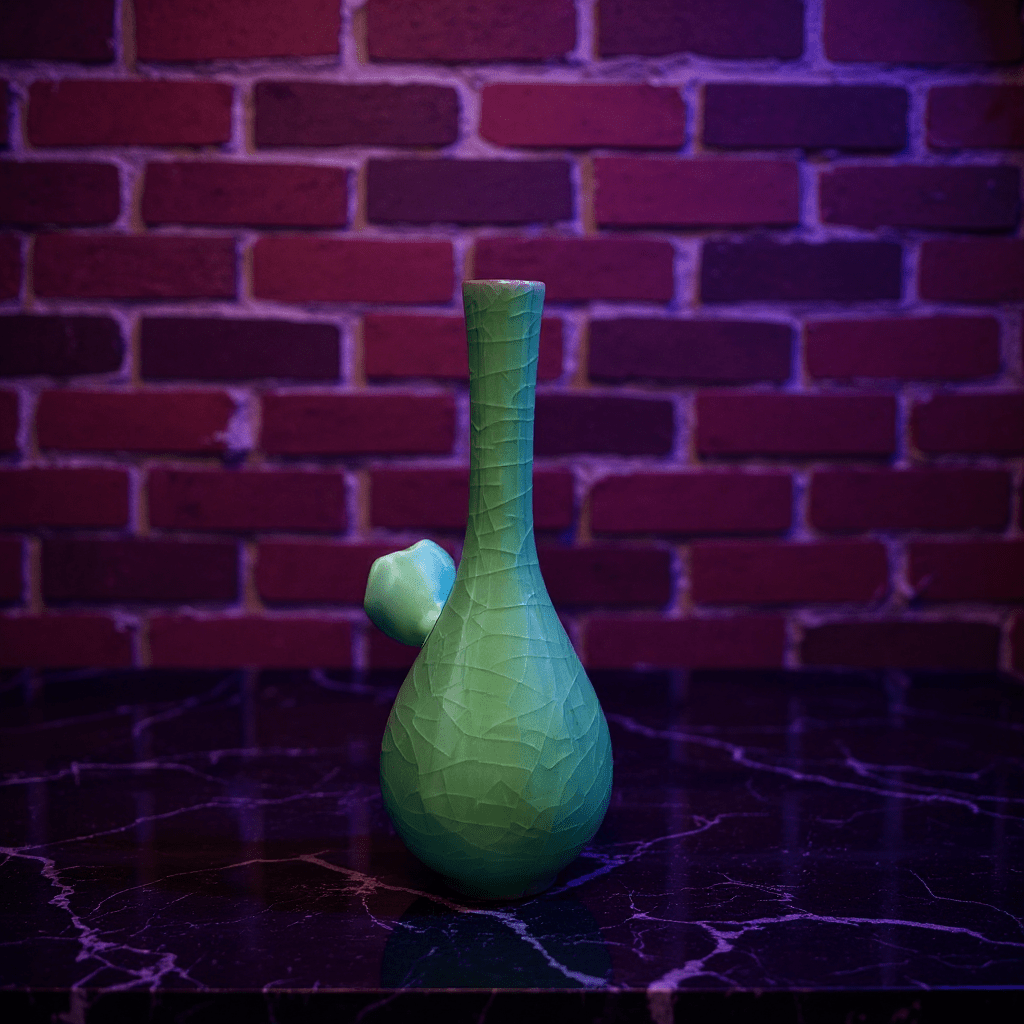 Ice - Crack Celadon Bong with Slim Neck DesignGreen textured ceramic bong on a dark surface with a brick wall background