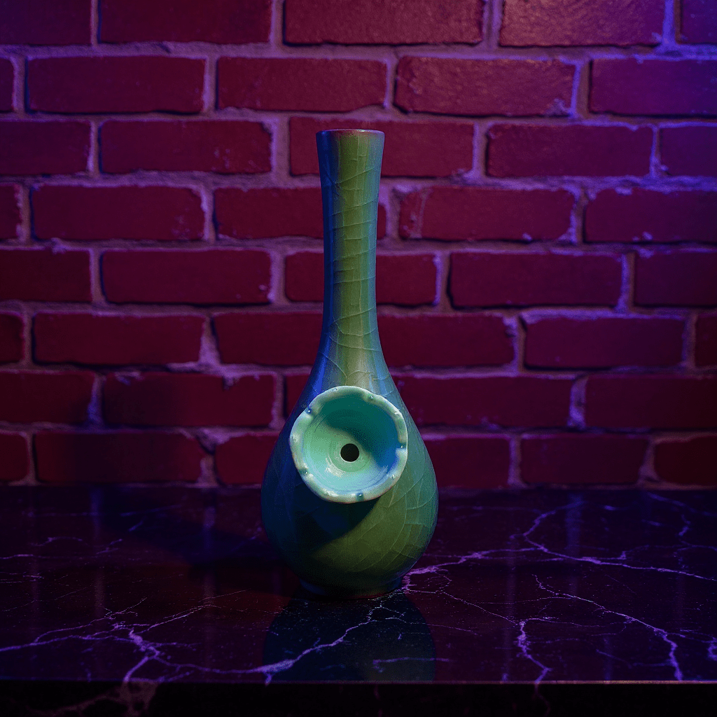 Ice - Crack Celadon Bong with Slim Neck Designslim neck ice - crack celadon ceramic bong with ceramic bowl is placed on a marble surface.