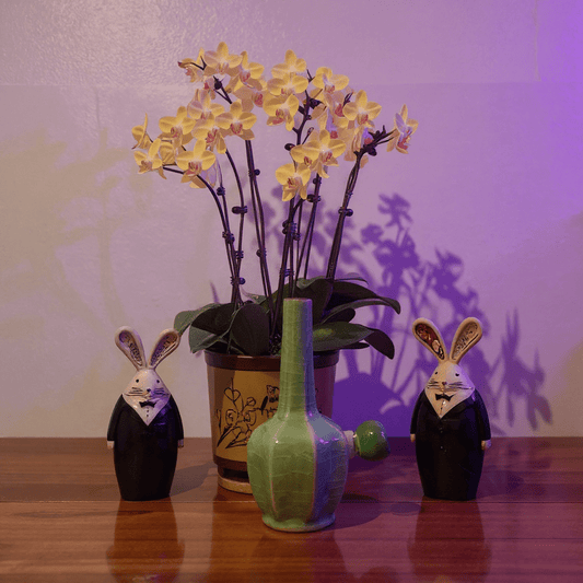 Ice - Crack Green Celadon Flat - Sided Porcelain BongIce - Crack Green Celadon Flat - Sided Porcelain Bong with glass bowl is placed on a wooden surface.