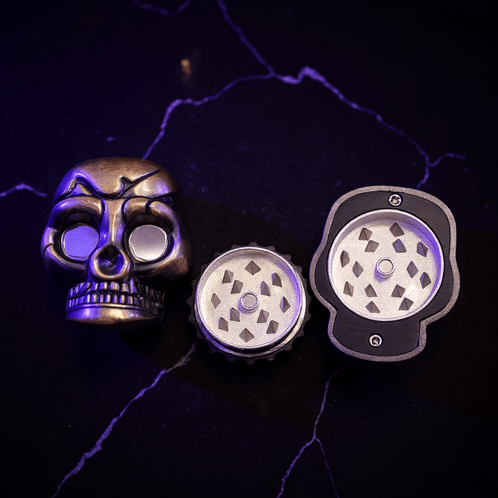 Mini Skull Herb Grinder – Vintage Bronze - Skull shaped grinder set on a dark background