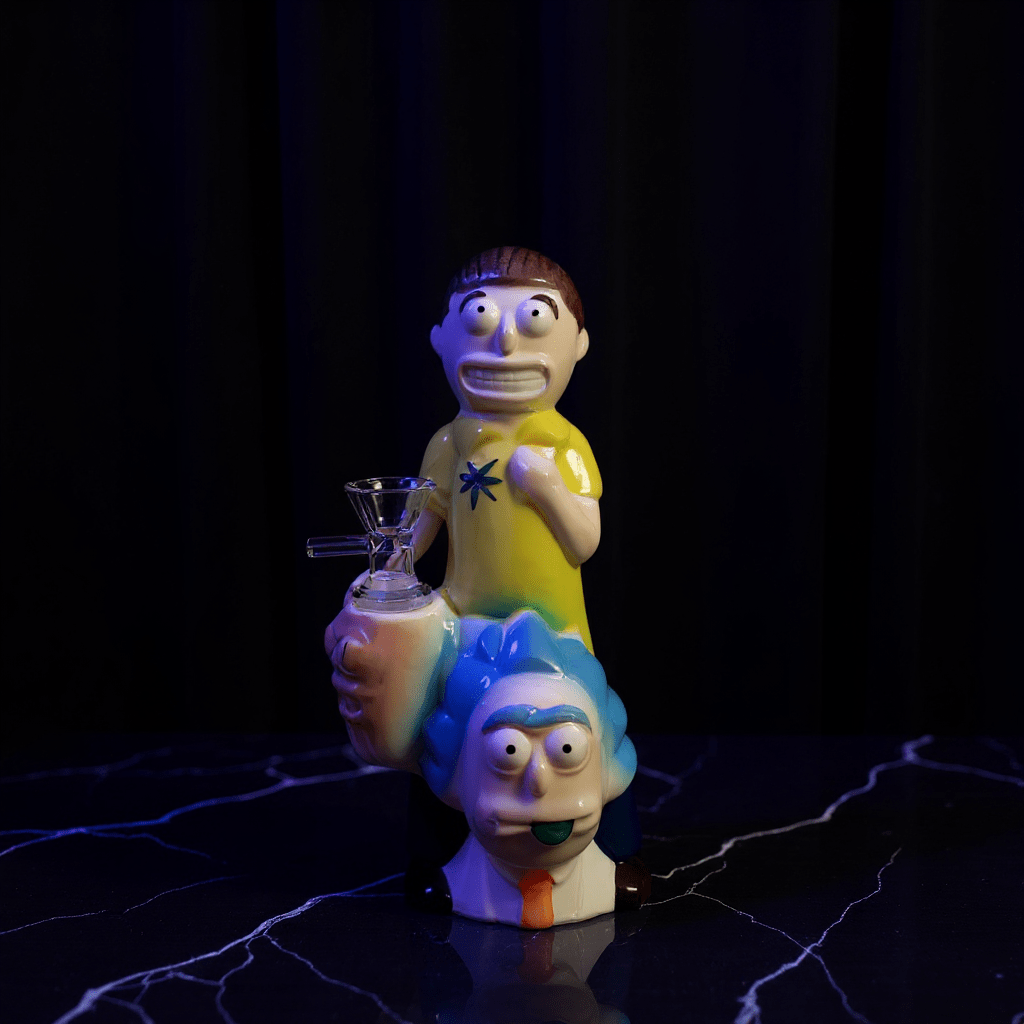 Morty Stack Ceramic Bong – 8.3"Distant view of Rick and Morty themed ceramic bong on table in softly lit bedroom.